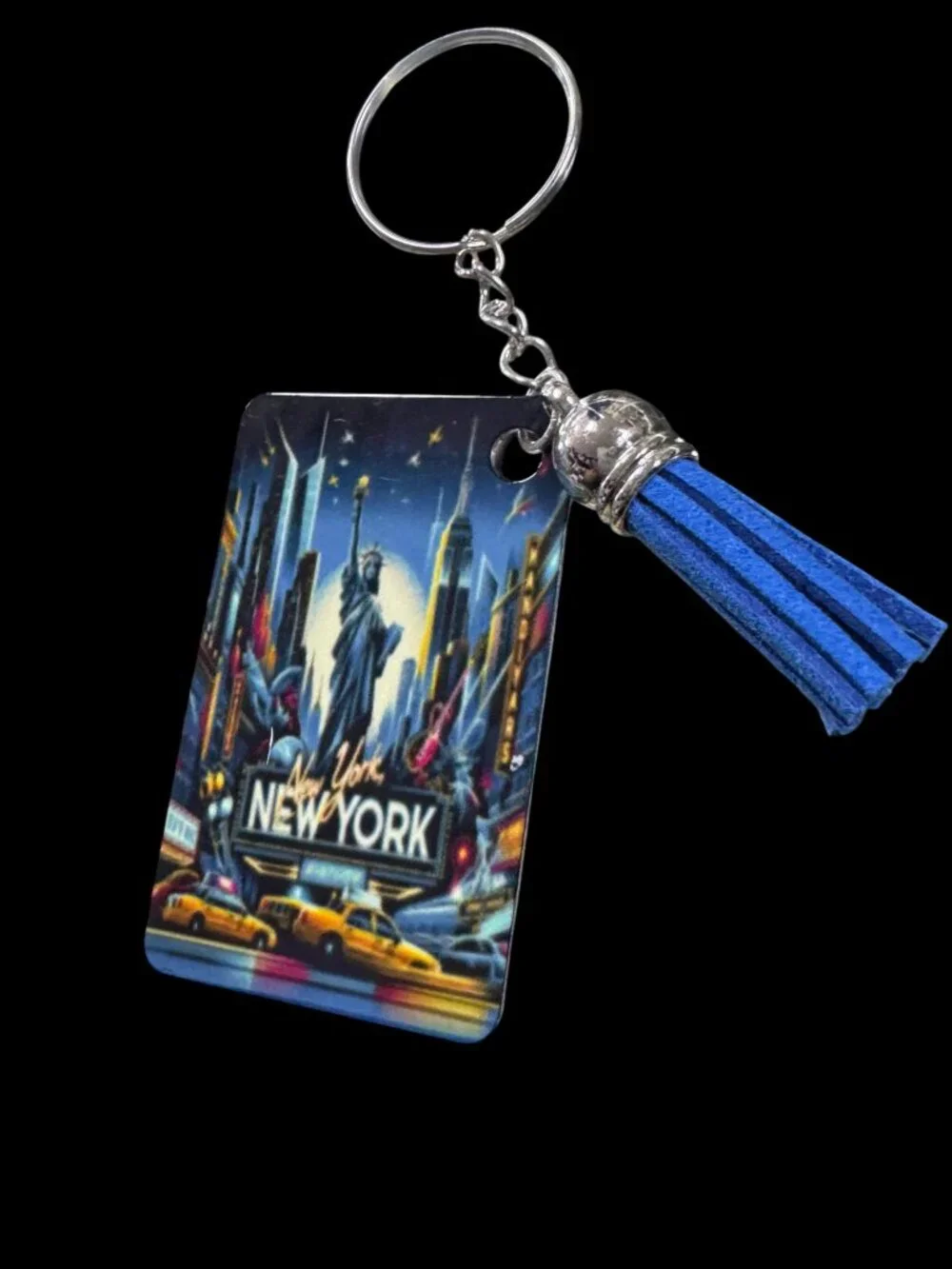 New York City Souvenir Keychain, Metal, with Blue Tassel Charm, Statue of Libert